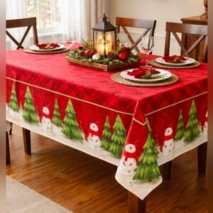 Holiday Time Tablecloth NEW Christmas Red plaid with Snowmen 60x84 PEVA